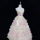 Blush Pink Strapless Cinched Waist Voluminous Tiered Skirt Long Romantic Dress, Wedding Gown gh8002