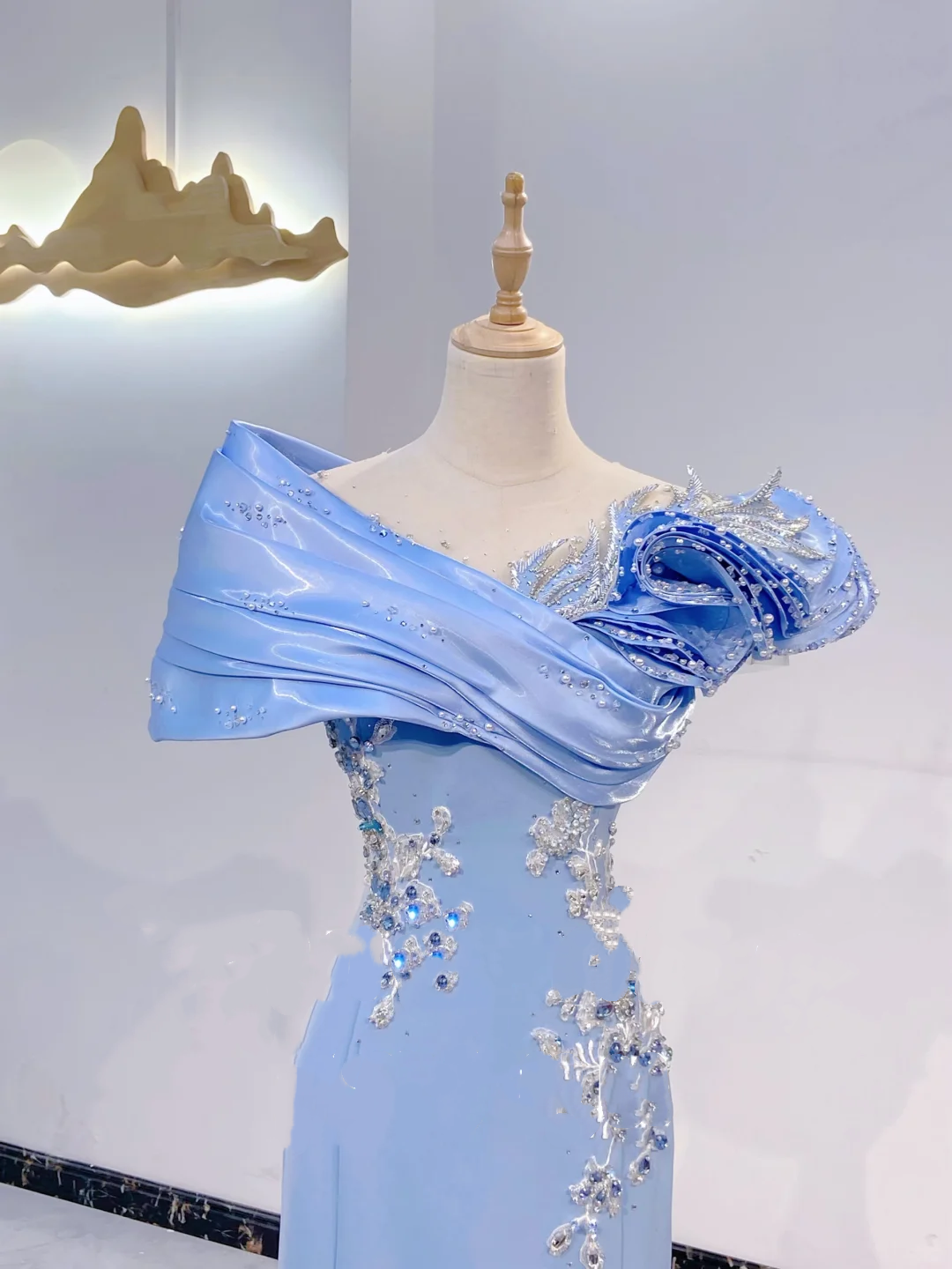 Light Blue Waist-Cinched Fitted Beaded Elegant Evening Dress, Fairy Gown, Romantic Gown gh7384