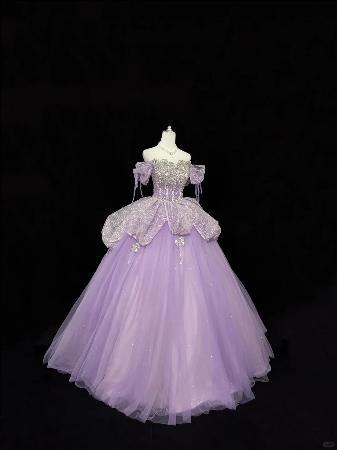 Lavender Off-the-Shoulder Rhinestone Cinched Waist Voluminous Skirt Long Romantic Dress, Wedding Gown gh7833