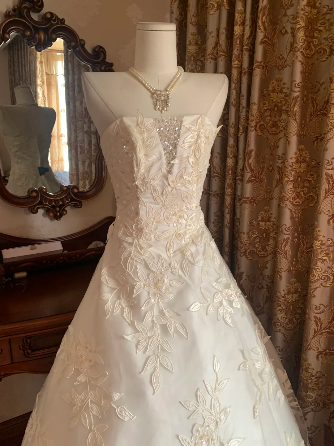 Ivory Strapless Printed Fitted Waist Voluminous Skirt Prom Gown, Birthday Dress, Bridal Wedding Gown gh7267