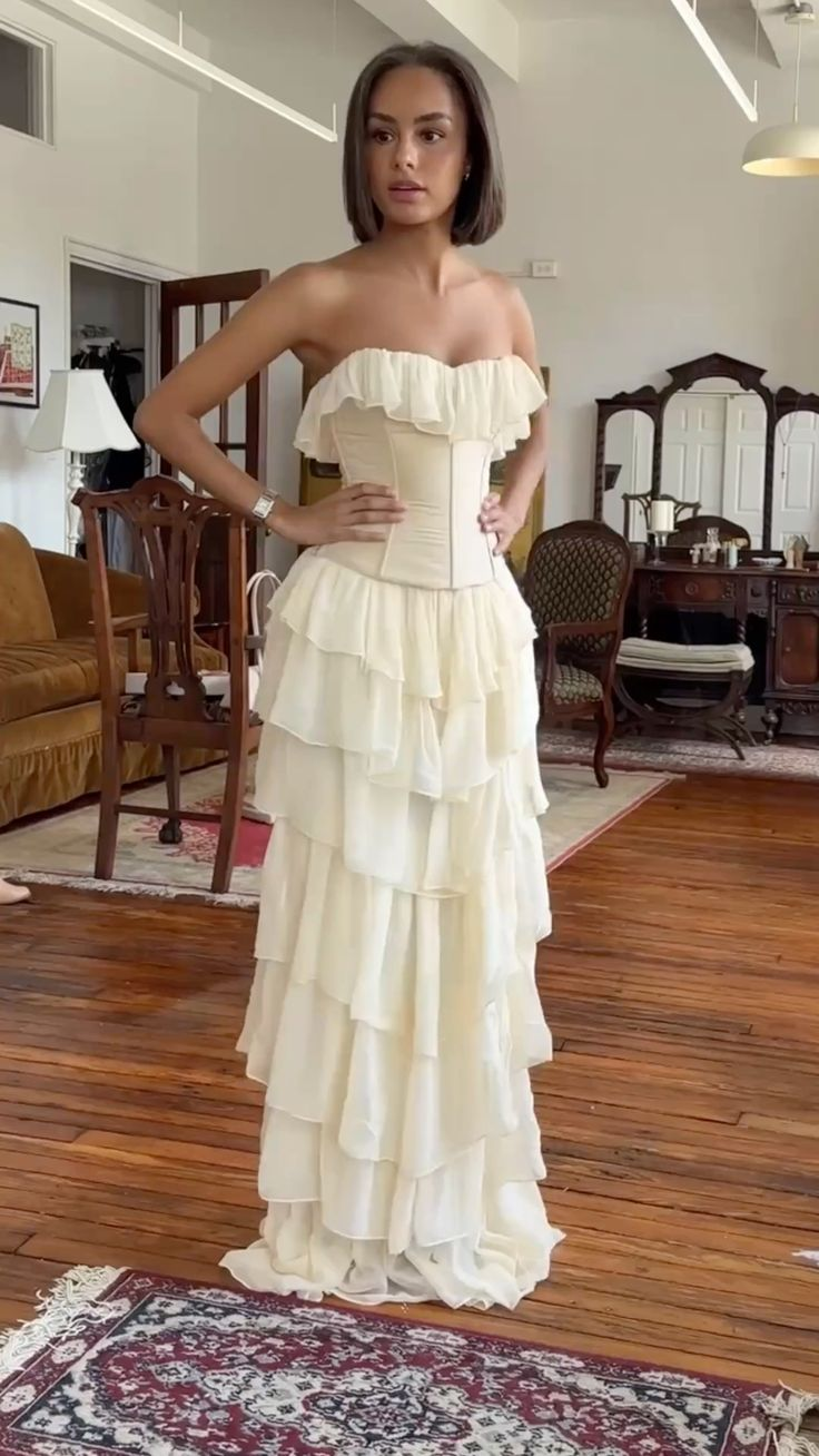 Light Apricot Strapless Waist-Cinched Ruffle Hem Prom Dress, Evening Gown gh7294