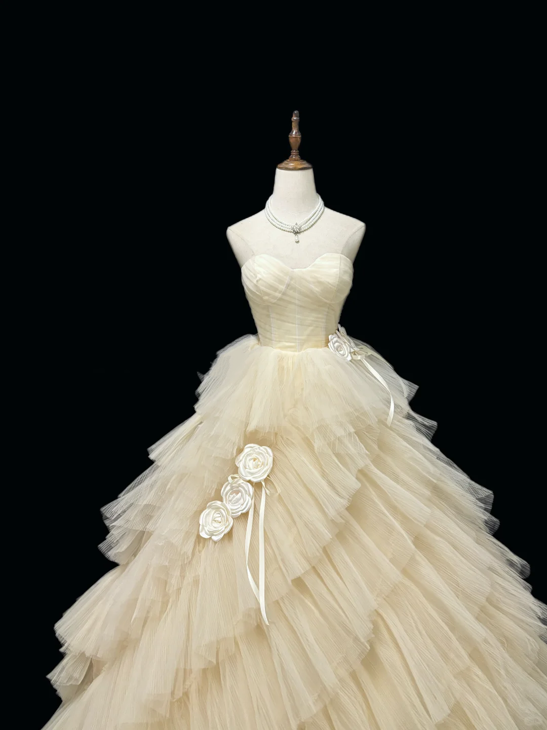 Light Yellow Strapless Cinched Waist Voluminous Tiered Skirt Long Romantic Dress, Wedding Gown gh7956