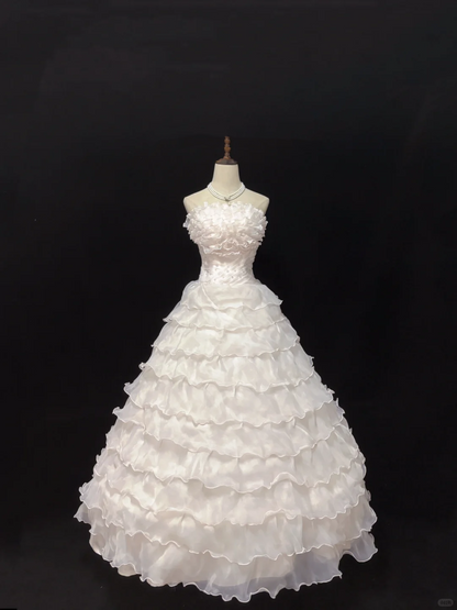 Blush Pink Strapless Dress With Lace Trim, Cinched Waist, Voluminous Tiered Skirt, Romantic Evening Dress & Wedding Gown gh8092