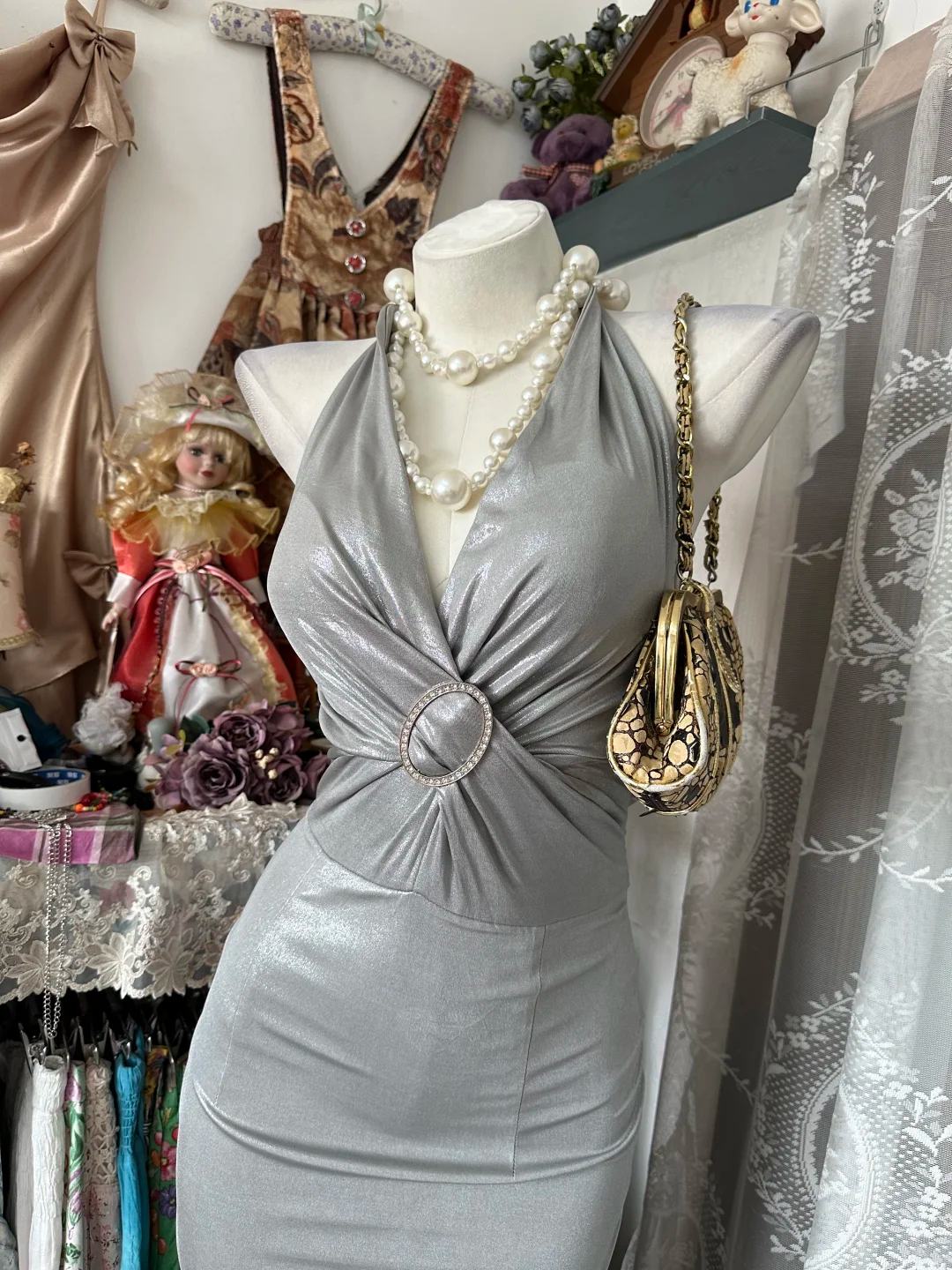 Grey Halter Neck Waist-Cinched Bodycon Sexy Long Evening Party Gown gh7193