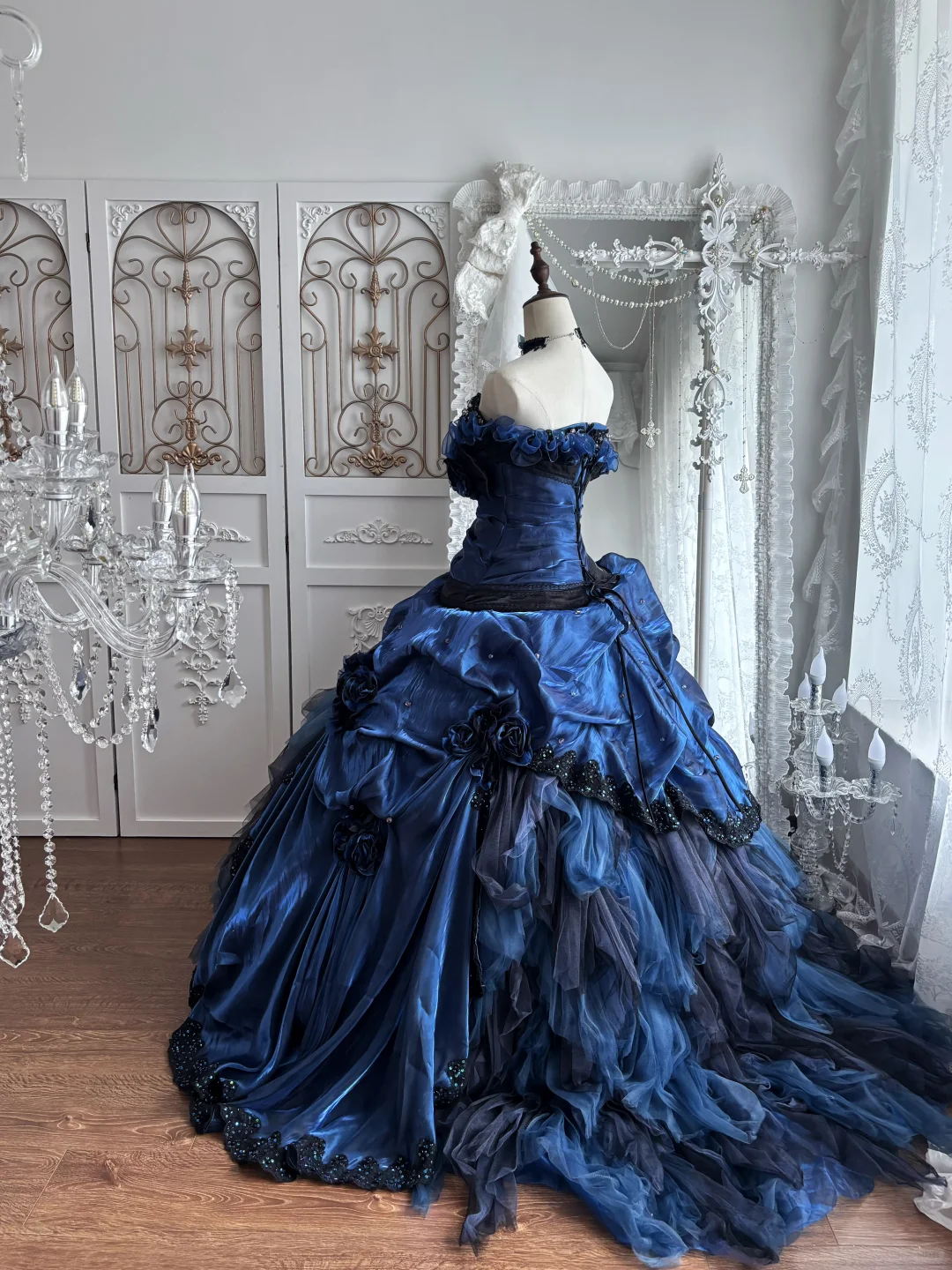 Dark Blue Strapless Fitted Waist Voluminous Tiered Cake Skirt Prom Gown & Evening Gown gh7348