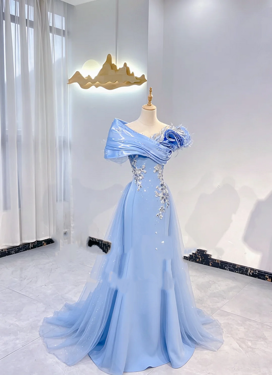 Light Blue Waist-Cinched Fitted Beaded Elegant Evening Dress, Fairy Gown, Romantic Gown gh7384