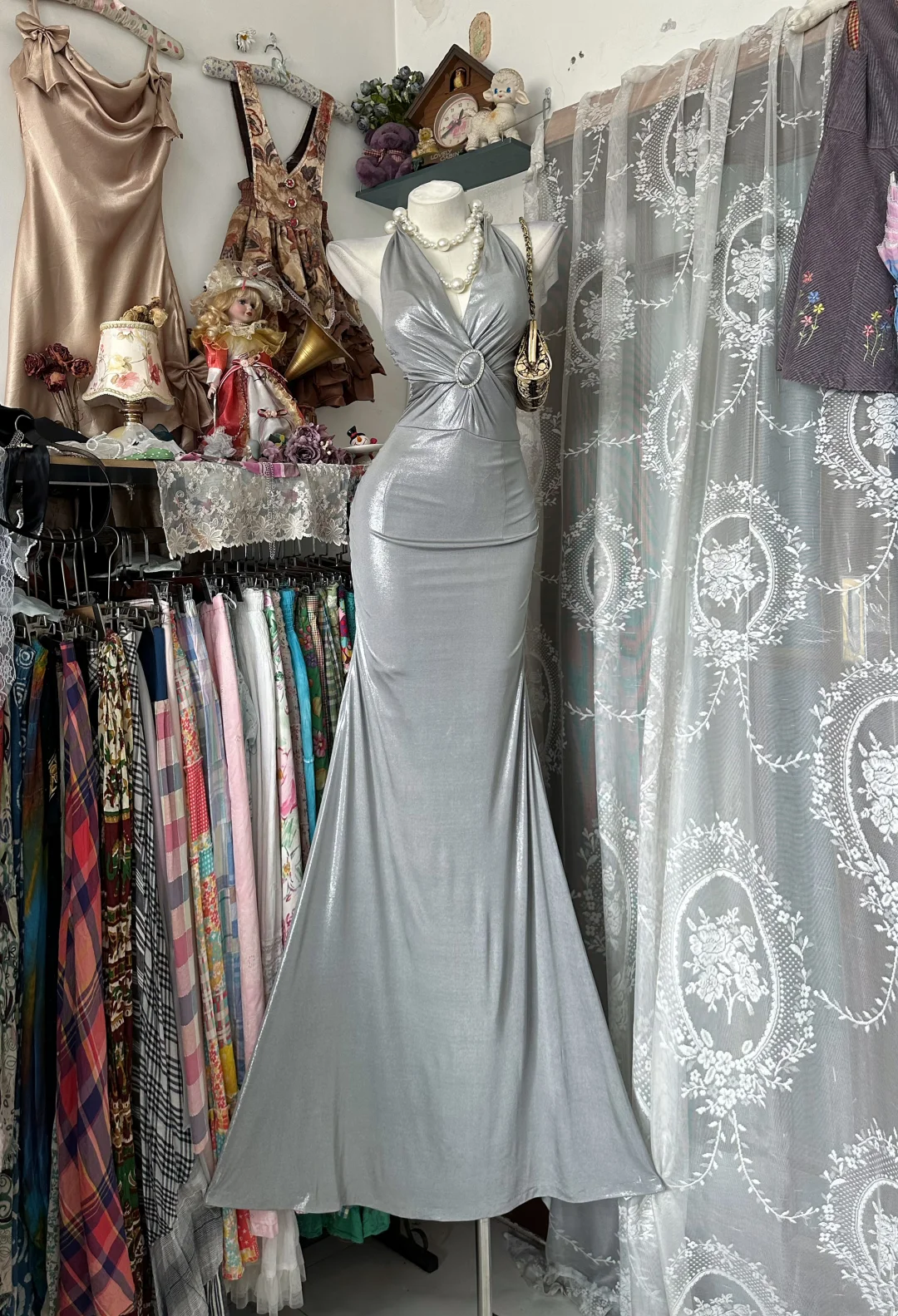 Grey Halter Neck Waist-Cinched Bodycon Sexy Long Evening Party Gown gh7193