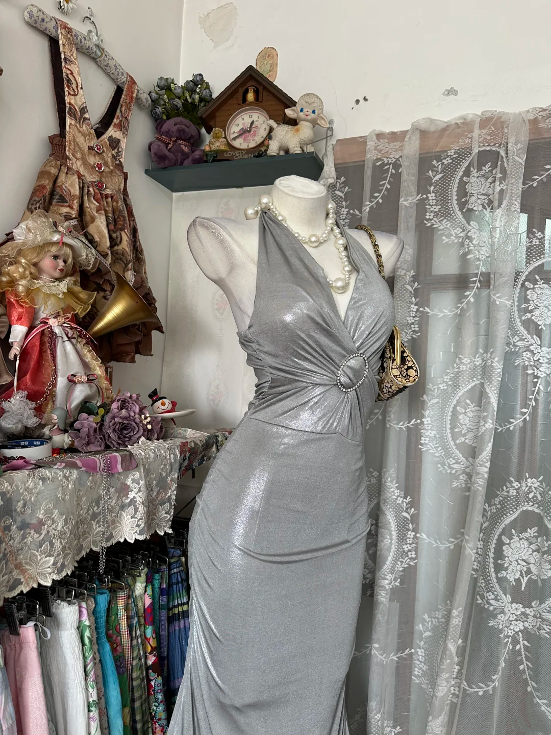 Grey Halter Neck Waist-Cinched Bodycon Sexy Long Evening Party Gown gh7193
