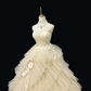 Light Yellow Strapless Cinched Waist Voluminous Tiered Skirt Long Romantic Dress, Wedding Gown gh7956