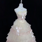 Blush Pink Strapless Cinched Waist Voluminous Tiered Skirt Long Romantic Dress, Wedding Gown gh8002