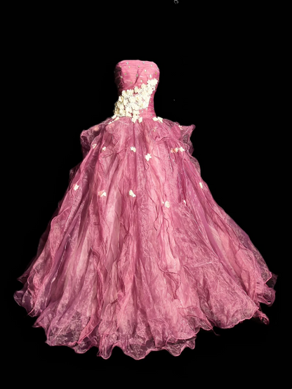 Pink Strapless Waist-Cinched Voluminous Maxi Skirt Prom Dress, Evening Party Gown gh7313