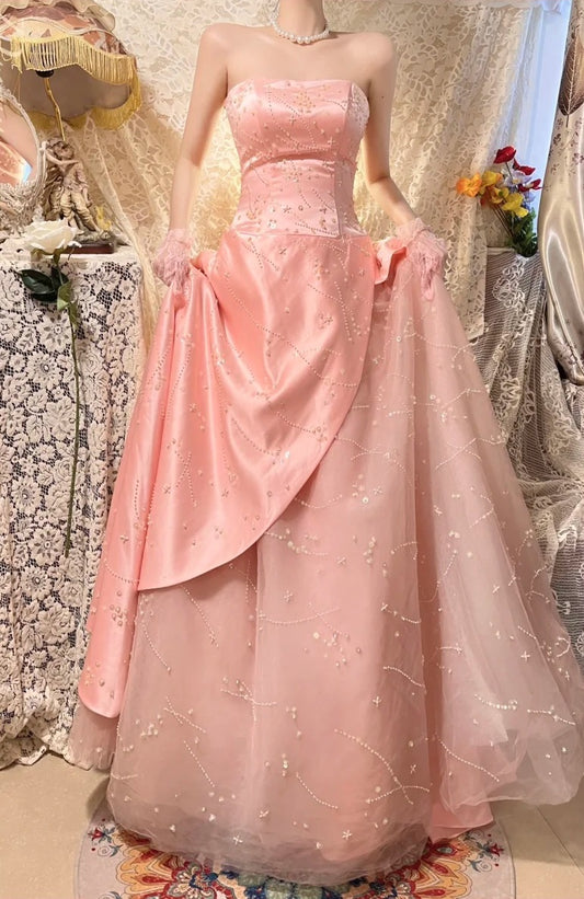 Gorgeous Full Body Bead Decoration Pink Beaded Elegant Long Satin Ball Gown Evening Dress Party Dress gh4466