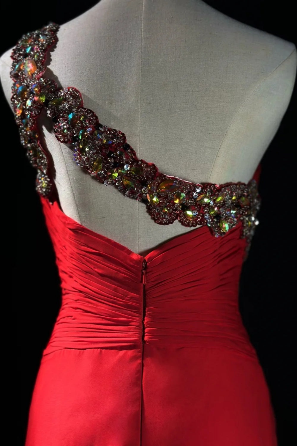girlhomeshops-Glamorous Shiny Red Crystal One Shoulder Prom Dress gh5849