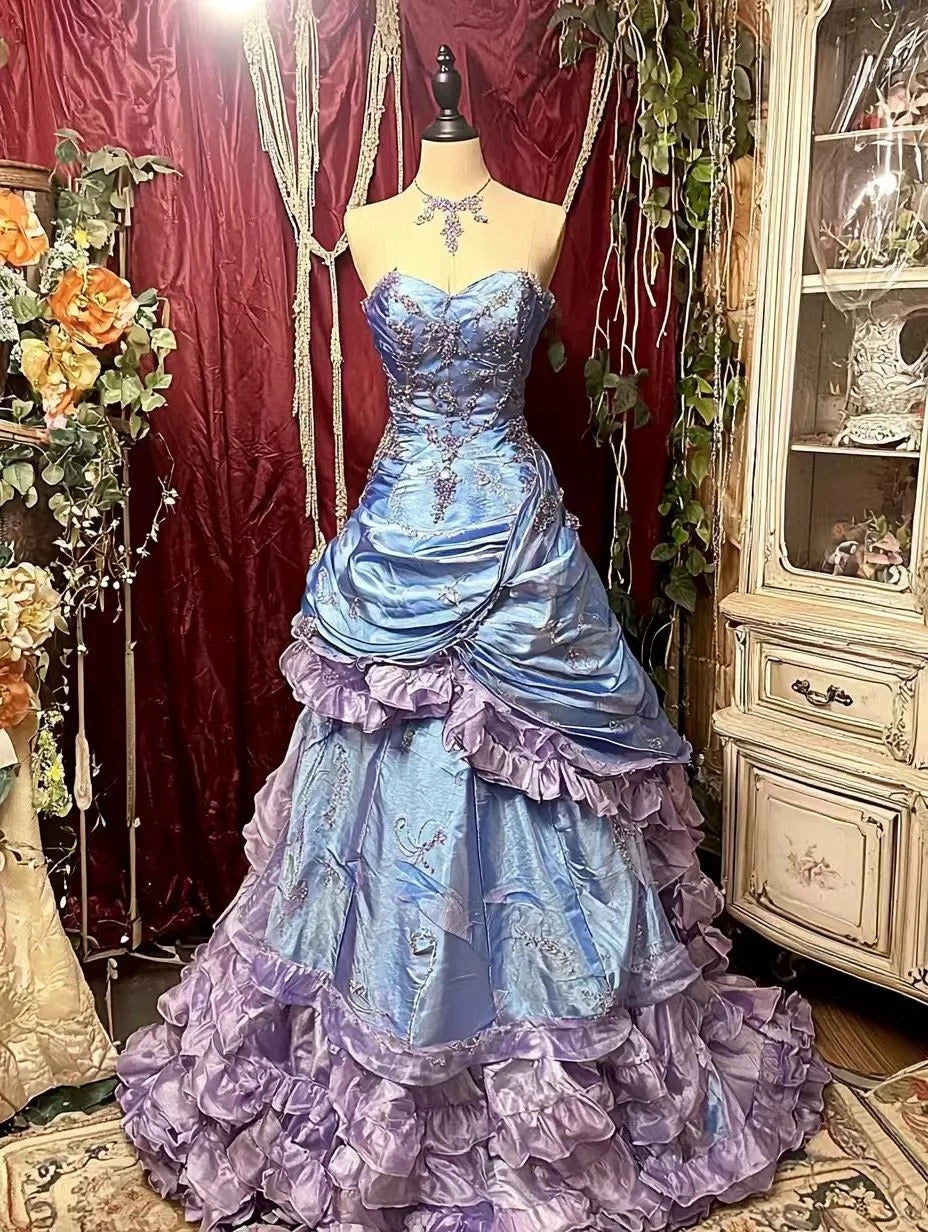 Blau Lila Mode Gradienten Wunderschöne Elegante Exquisite Perlen Lange Satin Rüschen Ballkleid Abendkleid Party Kleid gh4172