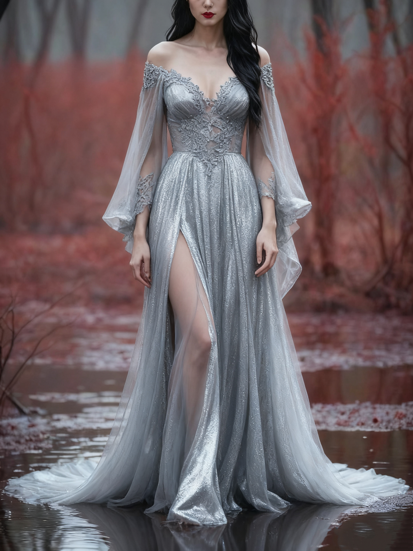 girlhomeshops-Long Sleeves Long Tulle Floor-Length Train Retro Elegant Ball Gown Evening Dress gh5943