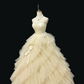 Light Yellow Strapless Cinched Waist Voluminous Tiered Skirt Long Romantic Dress, Wedding Gown gh7956