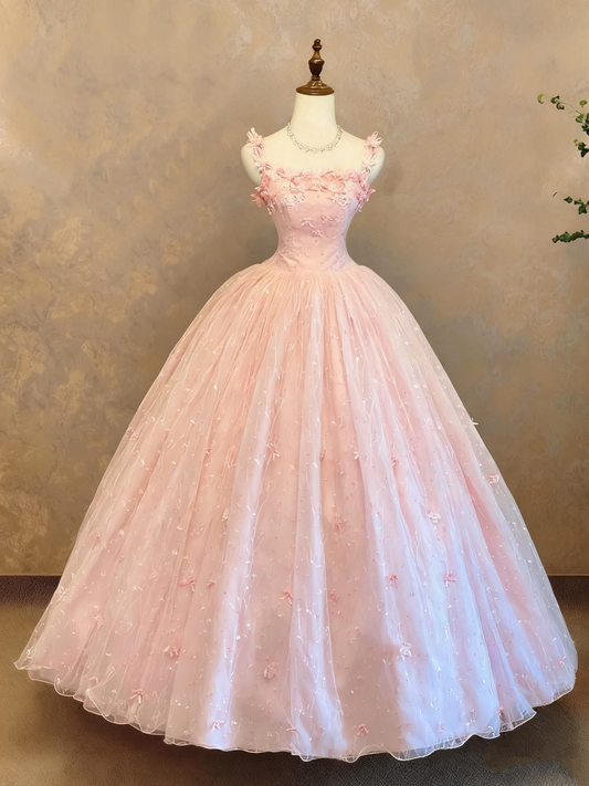 girlhomeshops-Hellrosa Tüllkleid im Court-Stil mit 3D-Blumenverzierungen, Spaghettiträgern, ärmellos, bodenlang, gh6362