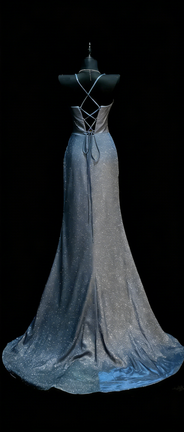 Galaxie-schimmerndes, blau glitzerndes Meerjungfrauenkleid im Regenbogen-Stil – Abendkleid und Kleid für den roten Teppich im Sternenlicht-Stil gh6570