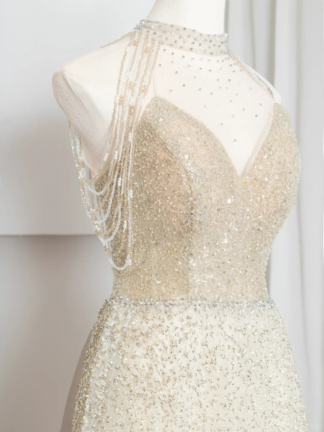 Robe de soirée longue en tulle, élégante et brillante, couleur champagne doré, gh4870