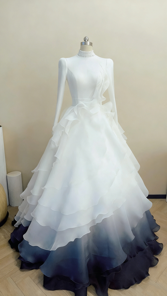 Formal Dress White-Blue Gradient Tulle High-Neck Long-Sleeve Tiered Train Gown Wedding Dress  gh6390