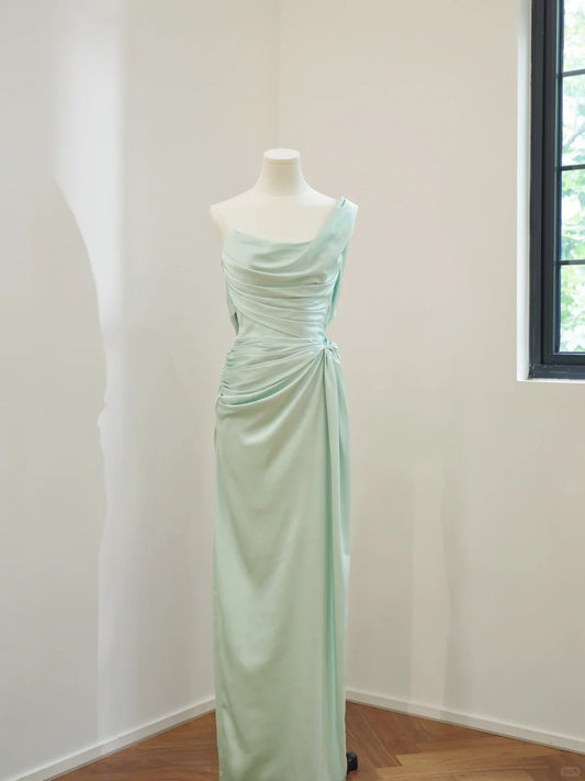 Girlhomeshops-Mint Green Simple Fashion One Shoulder Off Shoulder Long Satin Prom Dress Evening Dress Party Dress Bridesmaid Dress gh5058