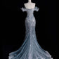 ✨💎Silberblau, luxuriös, Schwerindustrie, funkelnd, wunderschön, elegant, exquisite Perlenbesatz, atemberaubendes langes Meerjungfrauenkleid mit Pailletten, bodenlanges Schleppkleid, Ballkleid, Abendkleid, Hochzeitskleid, gh4114