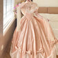 Pfirsichrosa Satin-Ballkleid im viktorianischen Lolita-Stil mit schulterfreiem Ausschnitt: Satinstoff, Spitzenschleife, Retro-Ballkleid-Silhouette, formelles Kleid für Teepartys gh6735