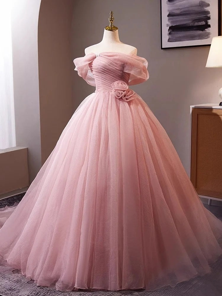 Pink Rose – Schulterfreies 3D-Blumenballkleid mit Tüllschleppe, Prinzessinnenkleid gh7071