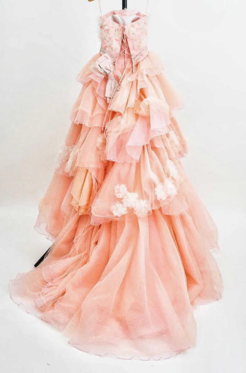 Girlhomeshops - Blau/Rosa Blumenmuster, modisch, wunderschön, elegant, lang, gestuftes Tüll-Ballkleid gh5323