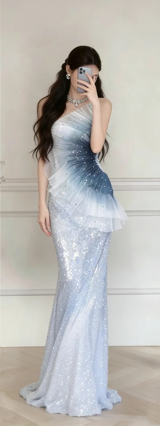 Luxuriöses, wunderschönes, glänzendes, langes, transparentes Abendkleid gh6906