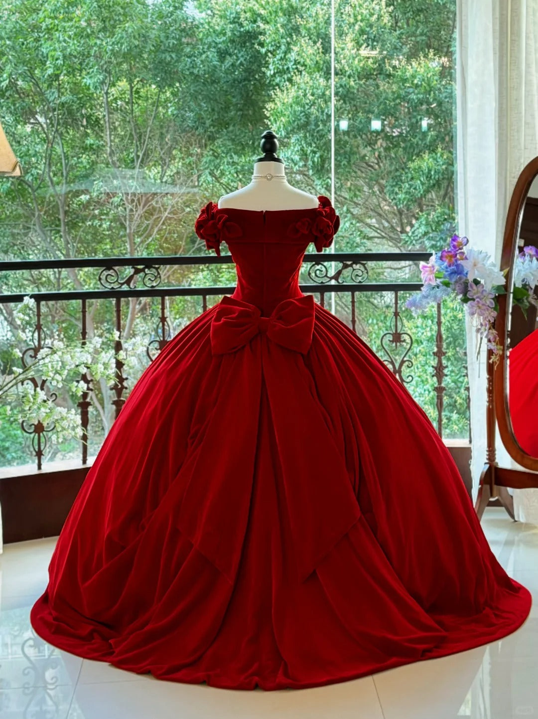 Girlhomeshops - Burgunderrot, elegant, Retro, lang, Samt, Quinceanera-Kleid, Ballkleid, Abschlussballkleid, Prinzessinnenkleid, gh5005