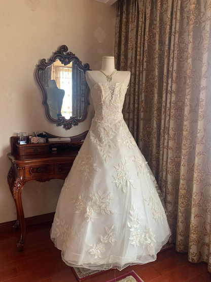 Ivory Strapless Printed Fitted Waist Voluminous Skirt Prom Gown, Birthday Dress, Bridal Wedding Gown gh7267