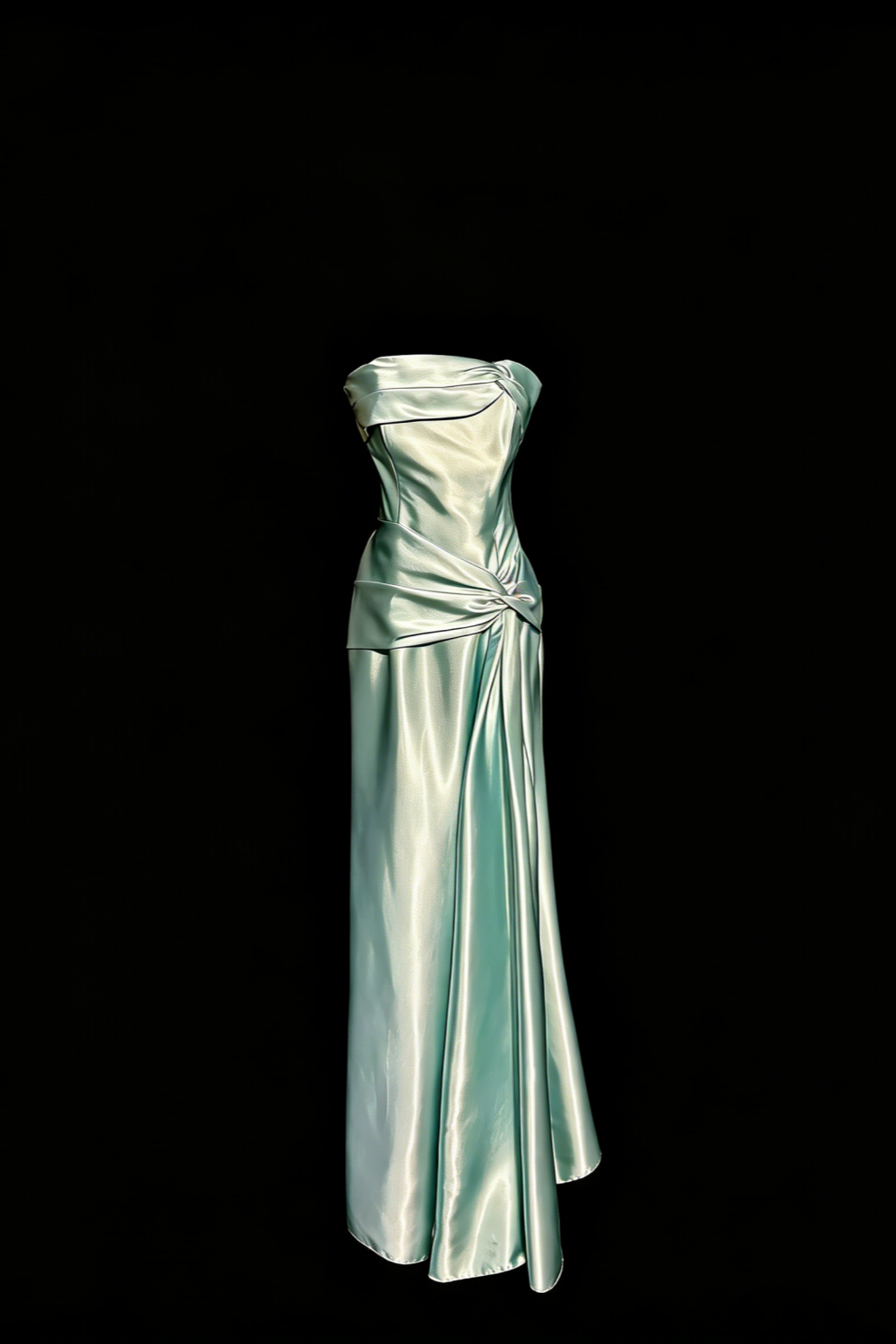 Ice Blue Strapless Satin Twist-Front Gown with Waist Cinching & Train gh7094