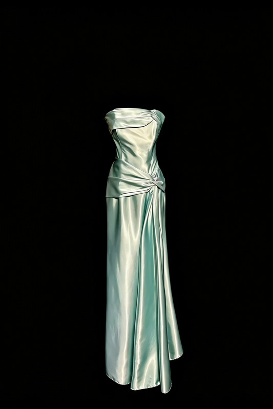 Ice Blue Strapless Satin Twist-Front Gown with Waist Cinching & Train gh7094