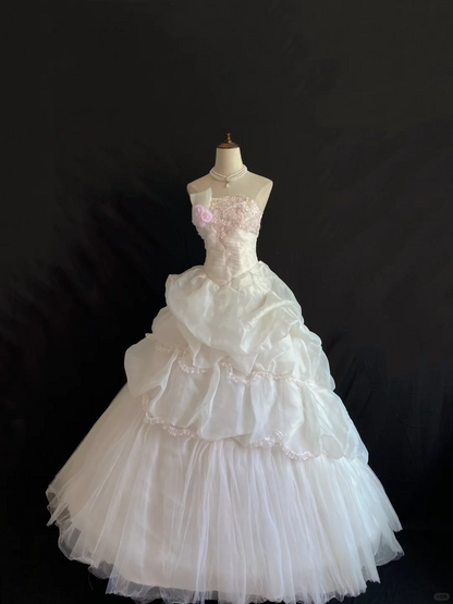 Blush pink strapless long romantic gown with cinched waist and voluminous princess skirt, wedding dress & bridal gown gh8267