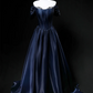 Navy Blue Off Shoulder Fishbone Waist-Cinched Slimming Long Evening Dress, Fairy Gown, Romantic Gown gh7467