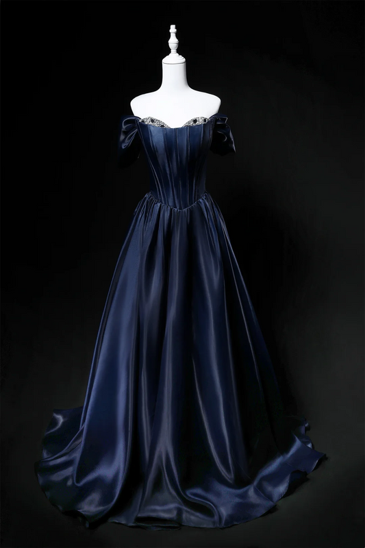 Navy Blue Off Shoulder Fishbone Waist-Cinched Slimming Long Evening Dress, Fairy Gown, Romantic Gown gh7467