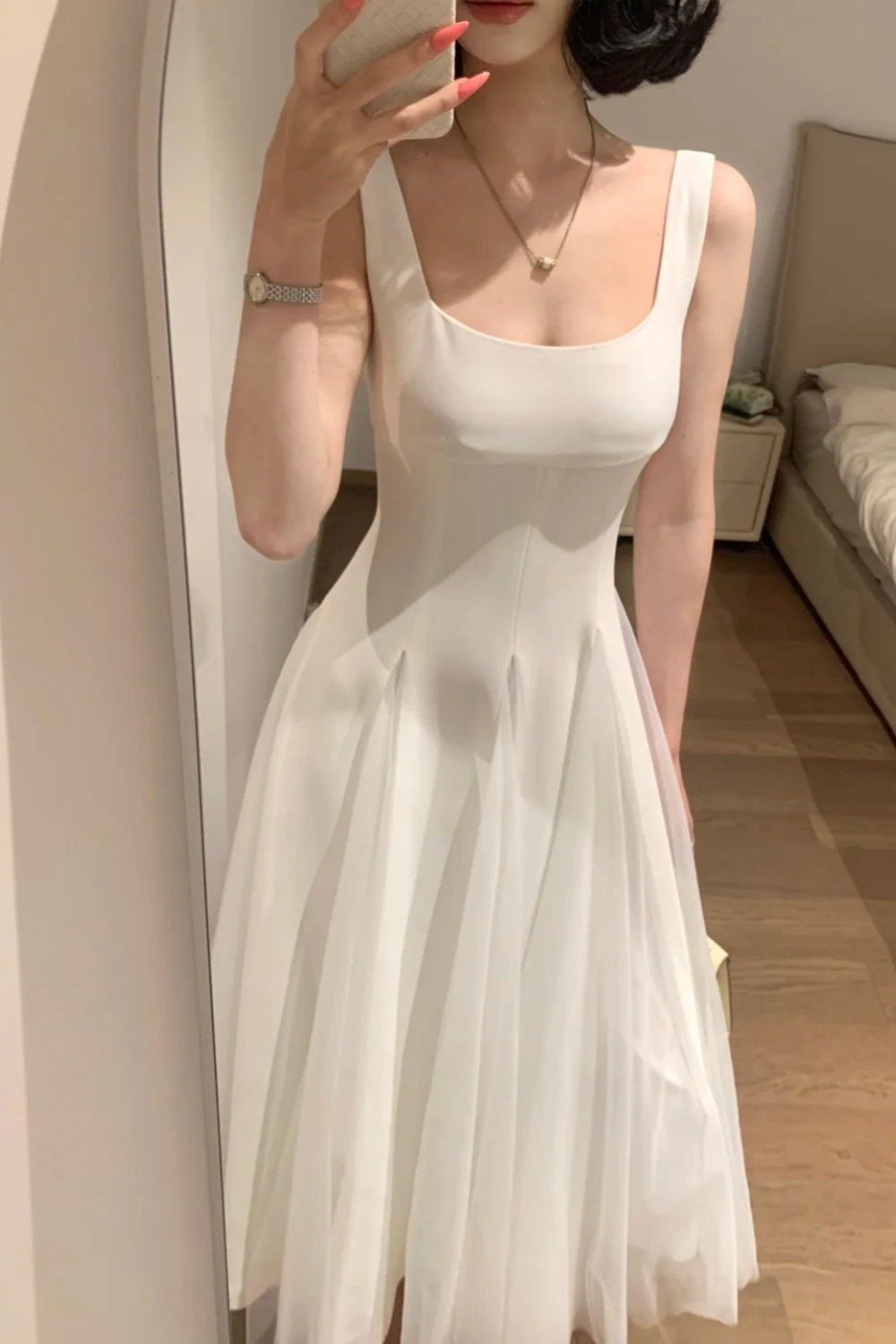 White Square Neck Spaghetti Strap Satin Tulle - Minimalist Elegant Bridesmaid/Date/Light Evening Midi Gown gh6981