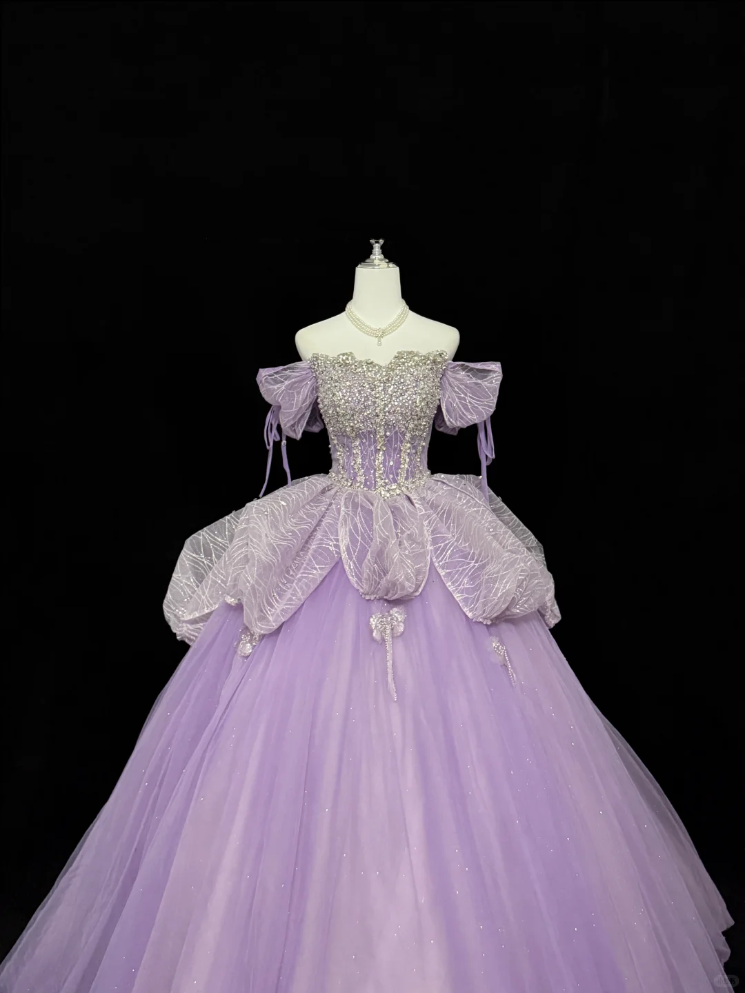 Lavender Off-the-Shoulder Rhinestone Cinched Waist Voluminous Skirt Long Romantic Dress, Wedding Gown gh7833
