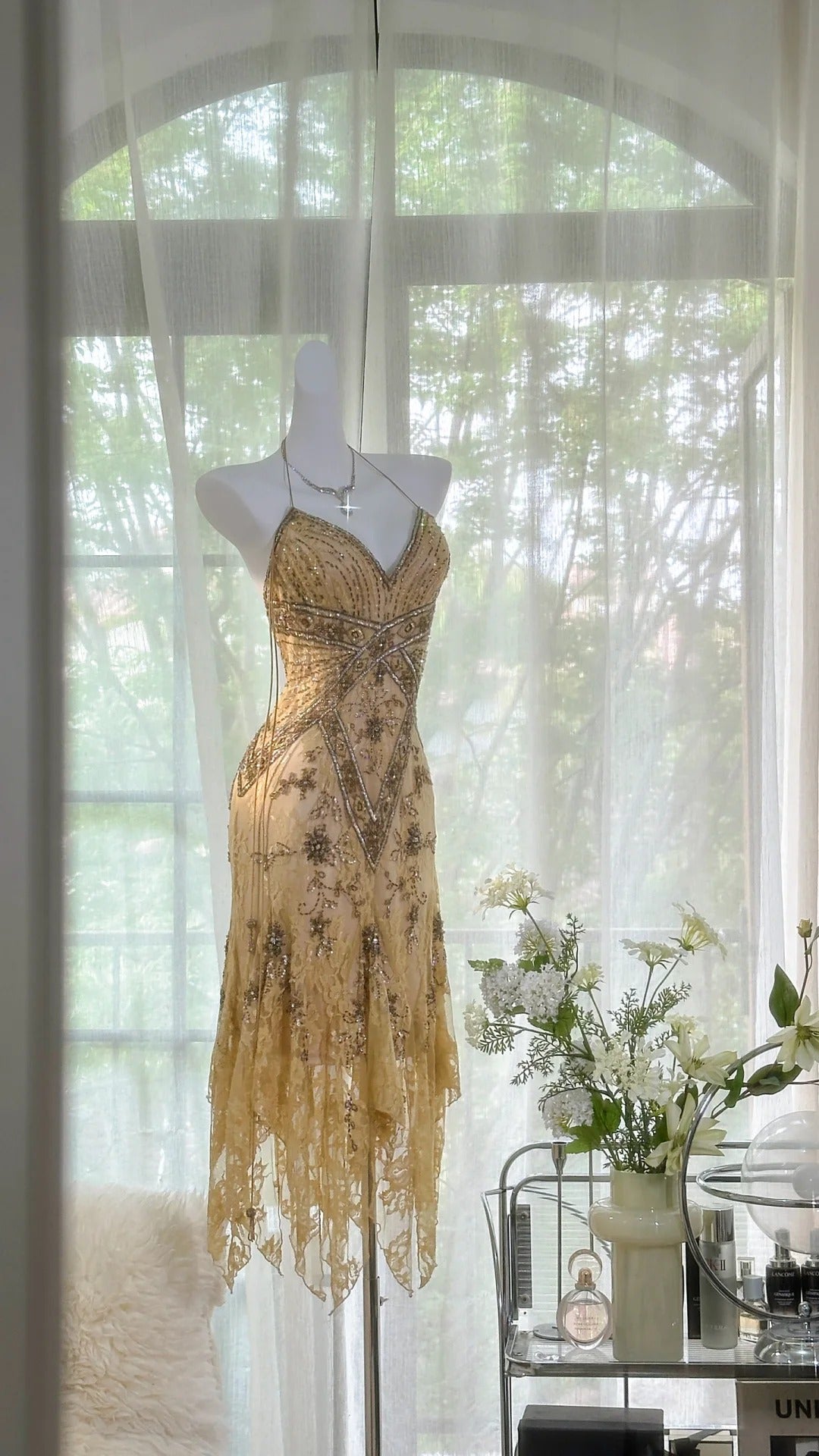 Hellgelb braun wunderschönes und elegantes Vintage exquisites Perlen langes Chiffon-Spitzenballkleid Abendkleid Geburtstagspartykleid Abschlussballkleid gh3950