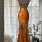 Robe de soirée longue en satin et mousseline de soie, motif floral délicat, orange, bretelles spaghetti, gh4093