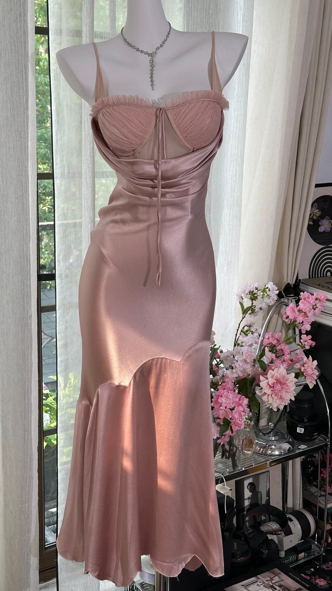 Robe de soirée longue en satin rose, élégante et romantique, sexy, gh4401