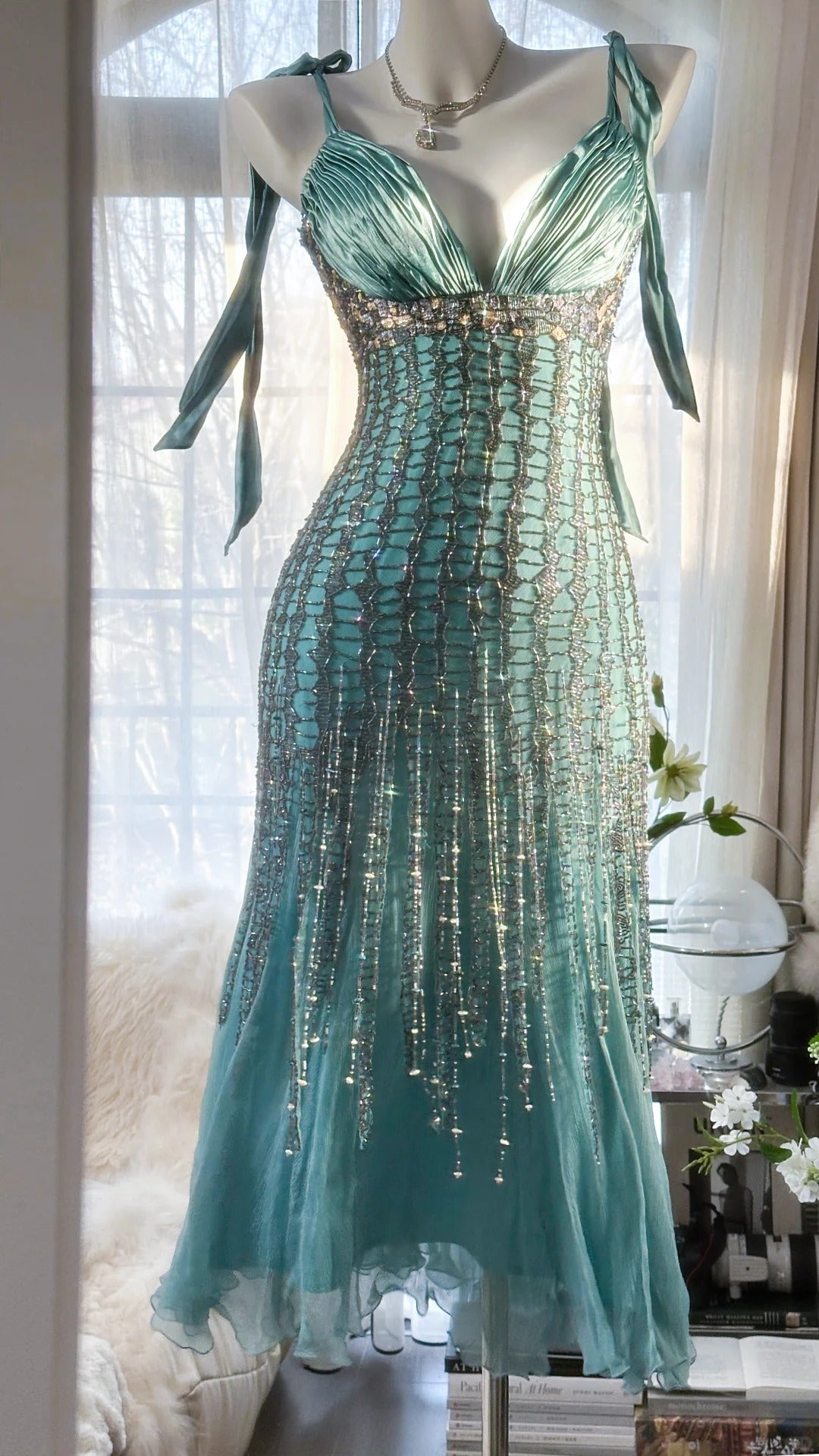 Grün Luxus Wunderschöne Retro Mode Exquisite Quaste Perlen Midi-Länge Chiffon Ballkleid Geburtstag Party Kleid Abendkleid Ballkleid gh3973