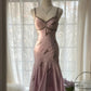 Blassrosa, elegantes, modisches, raffiniertes, perlenbesetztes, herzförmiger Ausschnitt, Spaghettiträger, langes Chiffon-Kleid mit Rüschen, Heimkehrkleid, Ballkleid, Abendkleid, Geburtstags-/Urlaubspartykleid, Ballkleid gh4067
