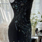 Schwarzes, glänzendes, luxuriöses, wunderschönes, exquisites, perlenbesetztes, langes Meerjungfrauenkleid aus Chiffon, Feenballkleid, Abendkleid, Hochzeitsgast, Partykleid, Ballkleid, Verabredungskleid, Abschlussballkleid, gh3992