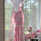 Rosa florales Vintage Perlen Spitzen langes Ballkleid Abendkleid Partykleid gh4819