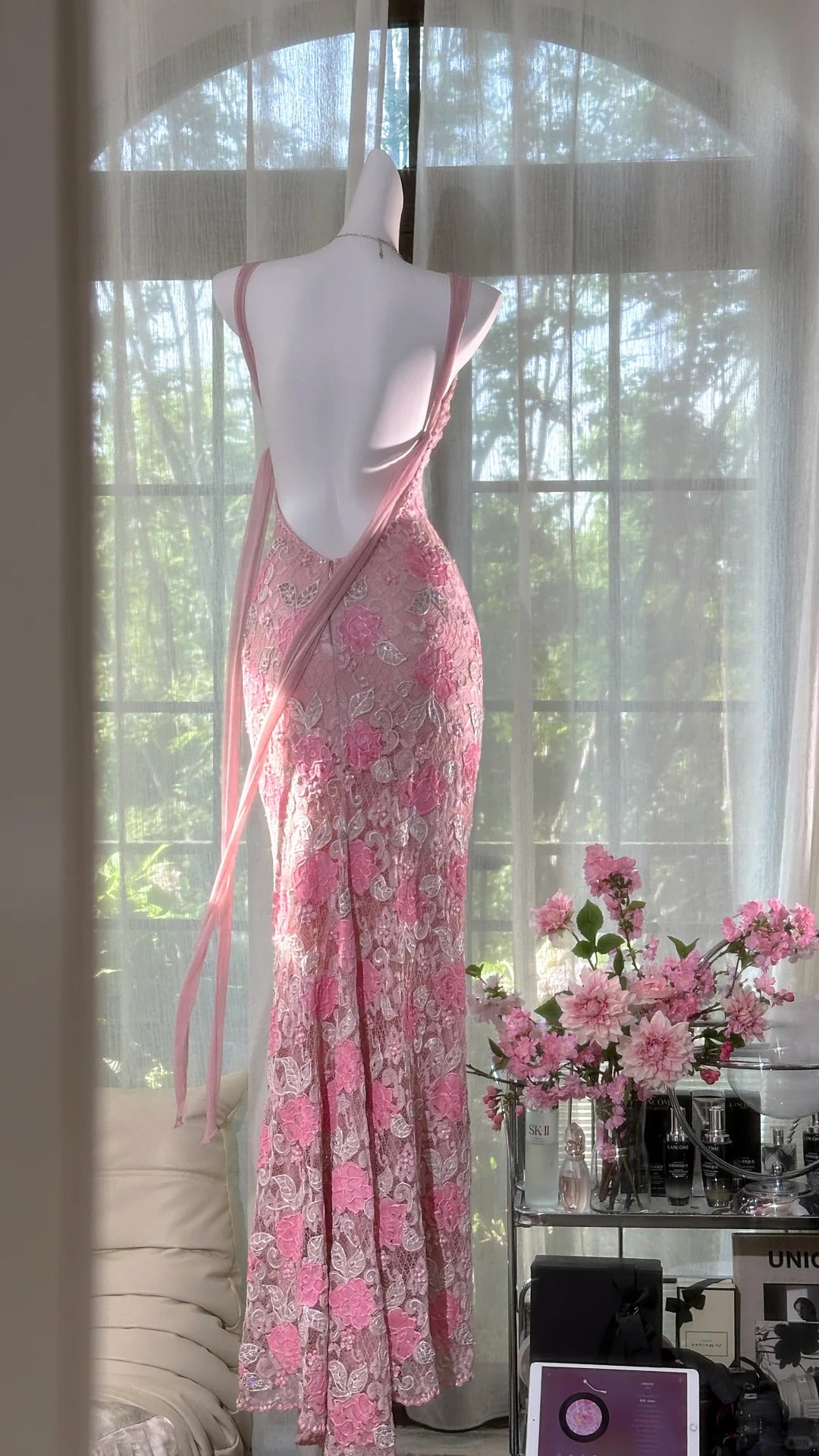 Rosa florales Vintage Perlen Spitzen langes Ballkleid Abendkleid Partykleid gh4819