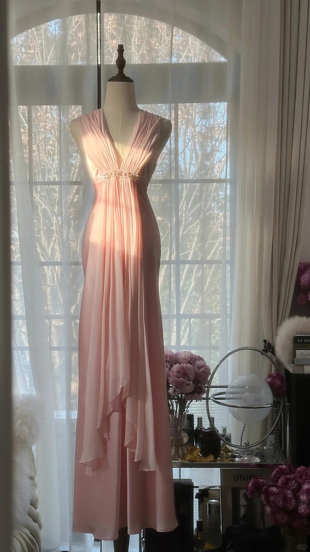 Rosa Elegante Exquisite Strass Lange Satin Chiffon Ballkleid Abendkleid Partykleid Geburtstagskleid Date Kleid gh4163