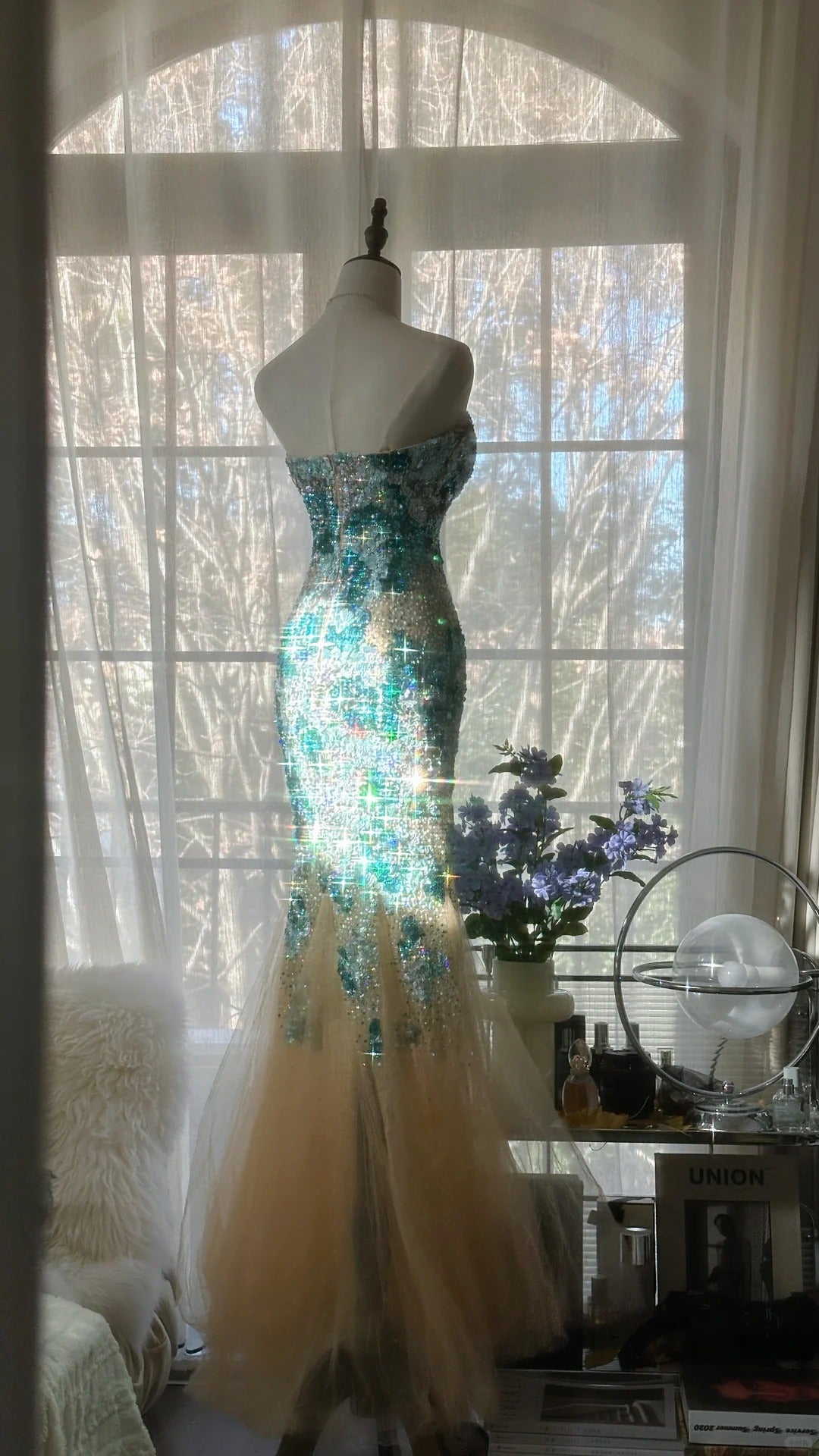 Blaues, wunderschönes, glänzendes, exquisites, perlenbesetztes, langes Chiffon-Tüll-Pailletten-Ballkleid, Abendkleid, Partykleid, Geburtstagskleid, Verabredungskleid, gh4162