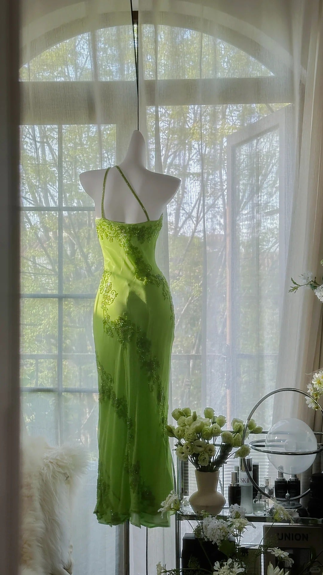 Grün wunderschöne Mode eine Schulter elegante Vintage exquisite Perlen lange Chiffon Ballkleid Abendkleid Geburtstag Party Kleid Ballkleid gh3951
